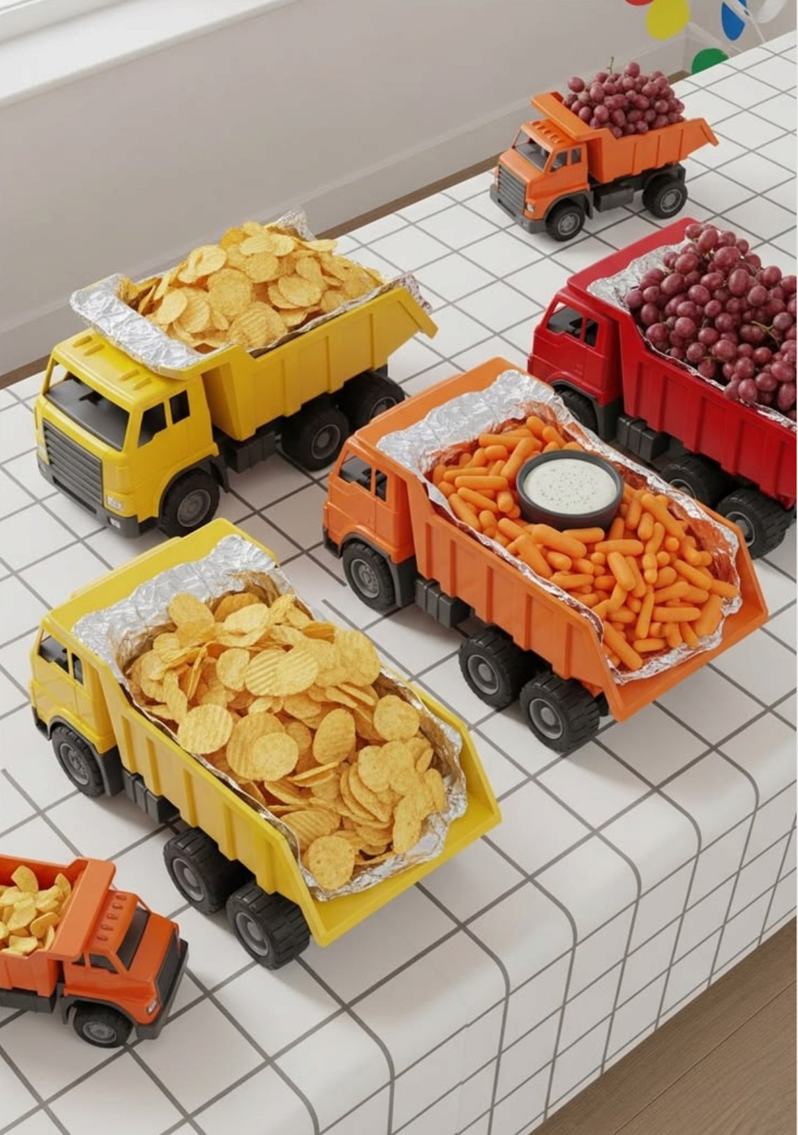 Caminhões de brinquedo carregando batata chips, cenouras e uvas sobre uma mesa